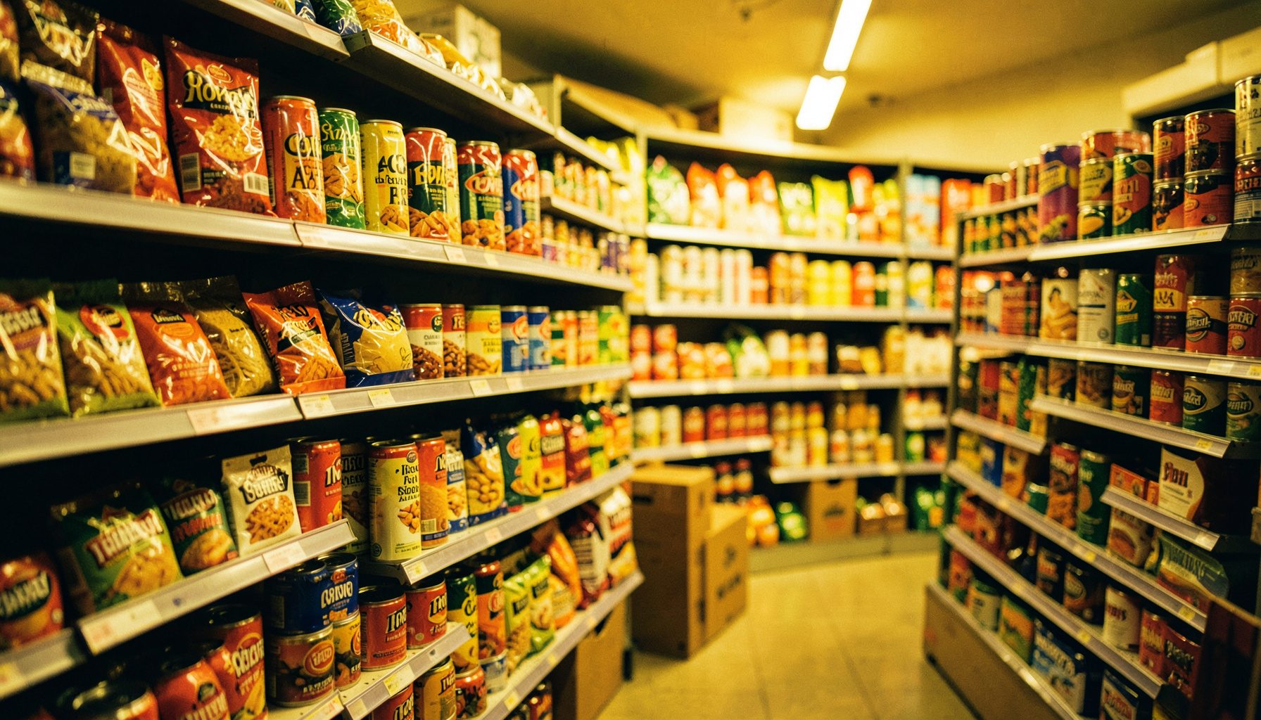 Shelves of packaged grocery items, cans and boxes, warm store lighting