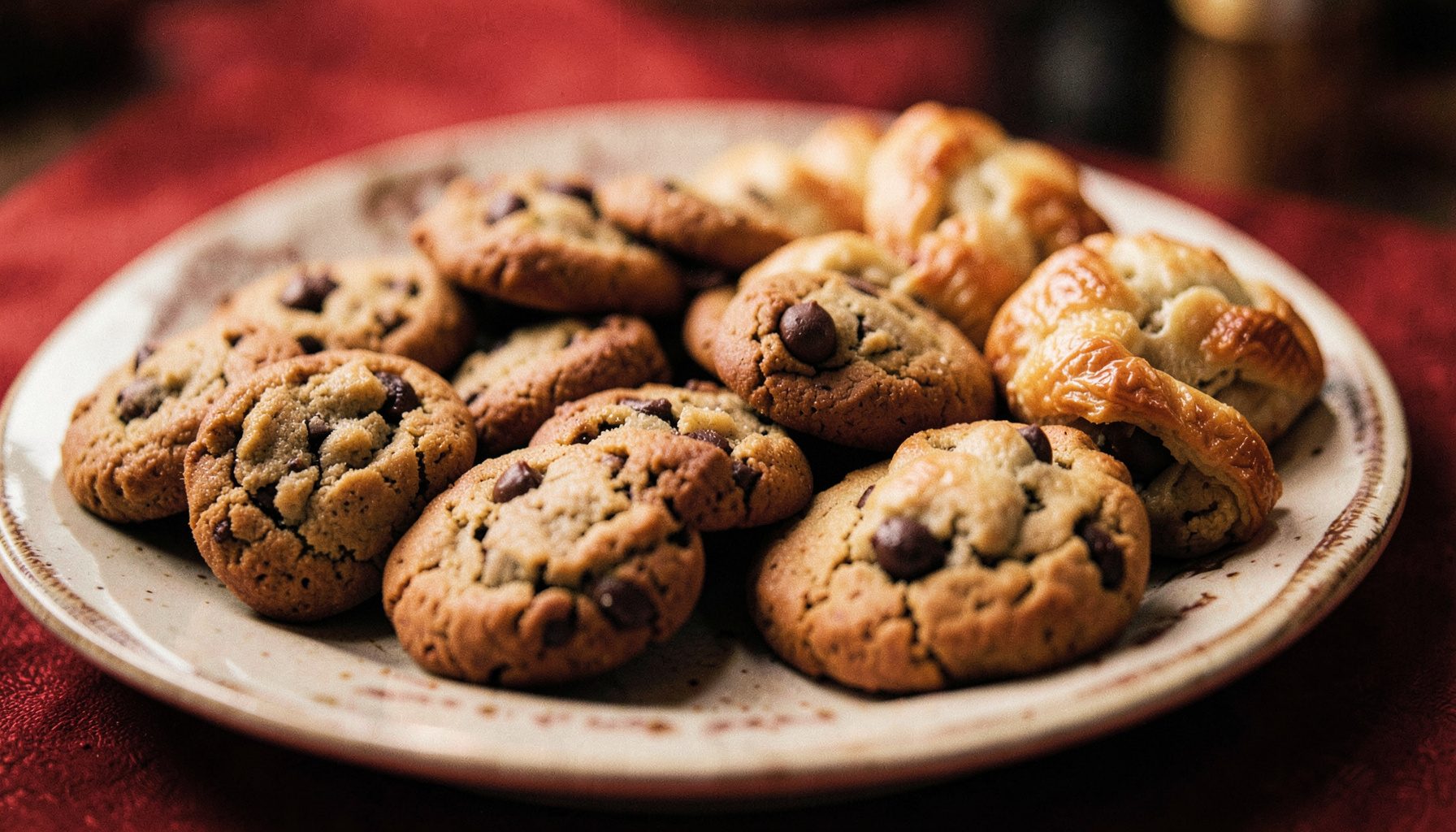 Assorted cookies and flaky pastries arranged on a ceramic platter, soft golden and chocolate brown hues