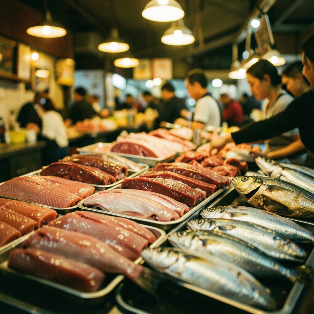 Fresh fish fillets and cuts of meat displayed on a market counter, deep reds and silvers, warm ambient lighting