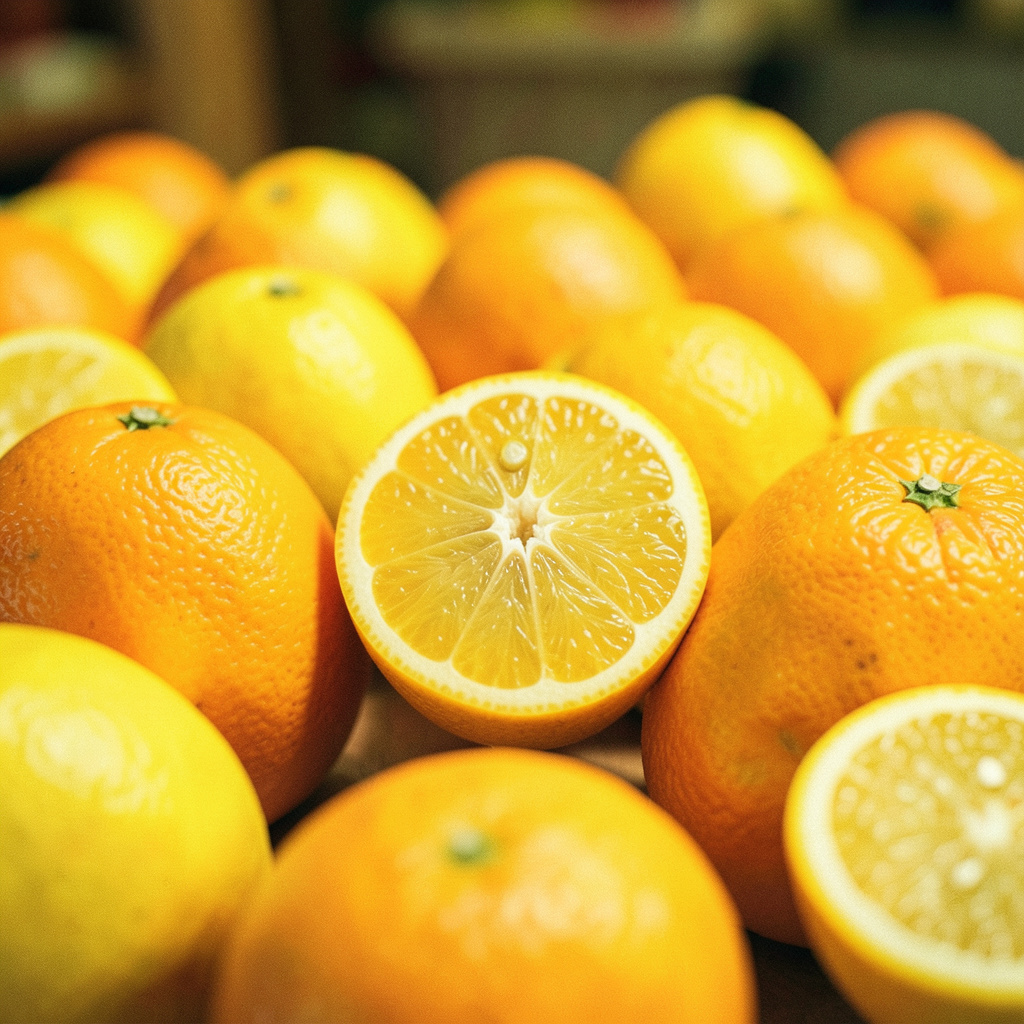Colorful array of fresh citrus fruits, oranges and lemons, bright yellow and orange tones