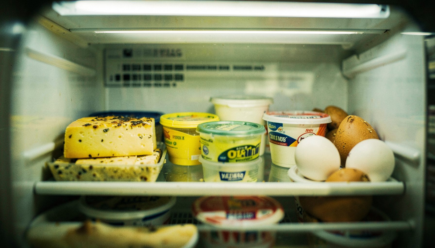 Refrigerated dairy case with cheese, yogurt, and eggs, cool white lighting