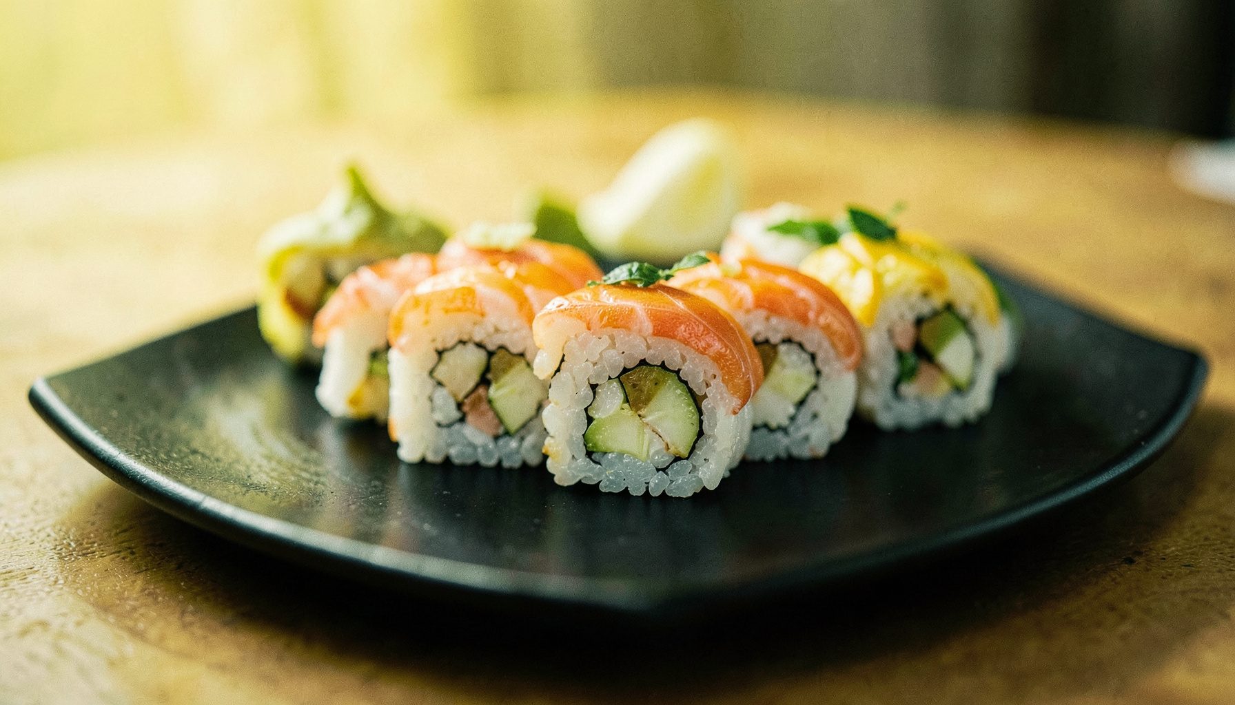 Fresh sushi rolls arranged on a dark platter, cool whites and soft greens, clean minimalist presentation