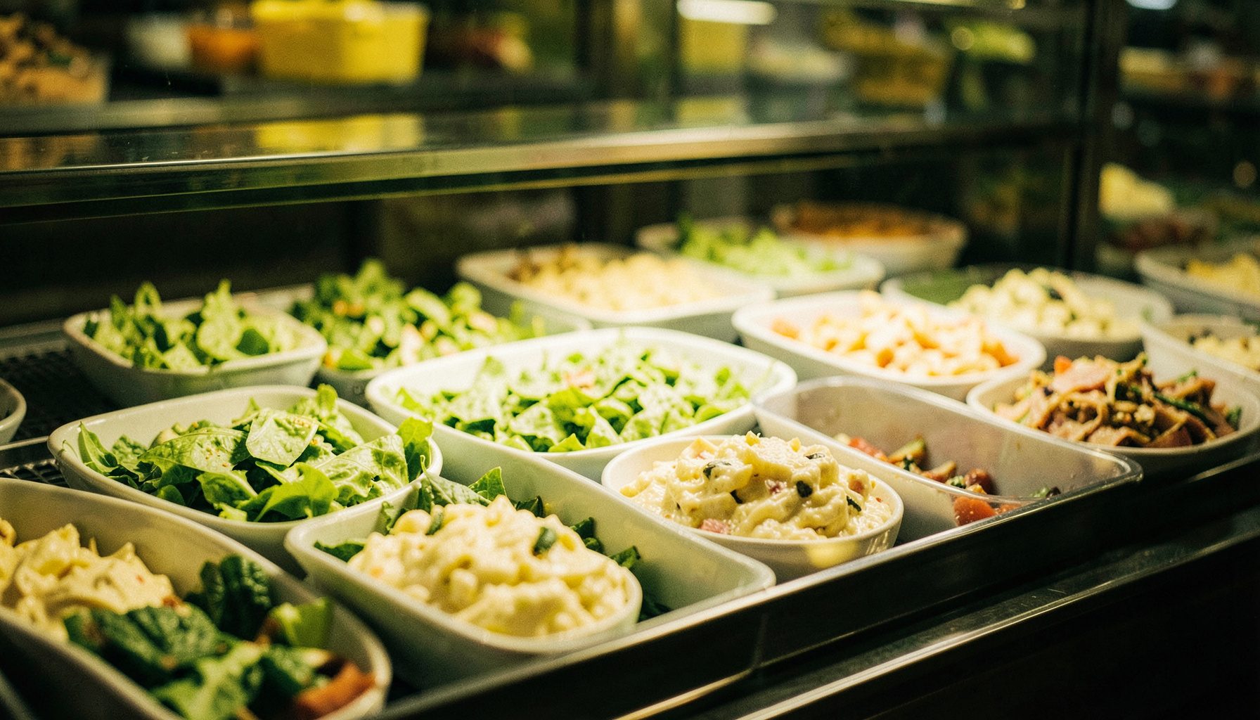 Chilled deli salads and cold prepared foods in a display case, crisp greens and creamy tones