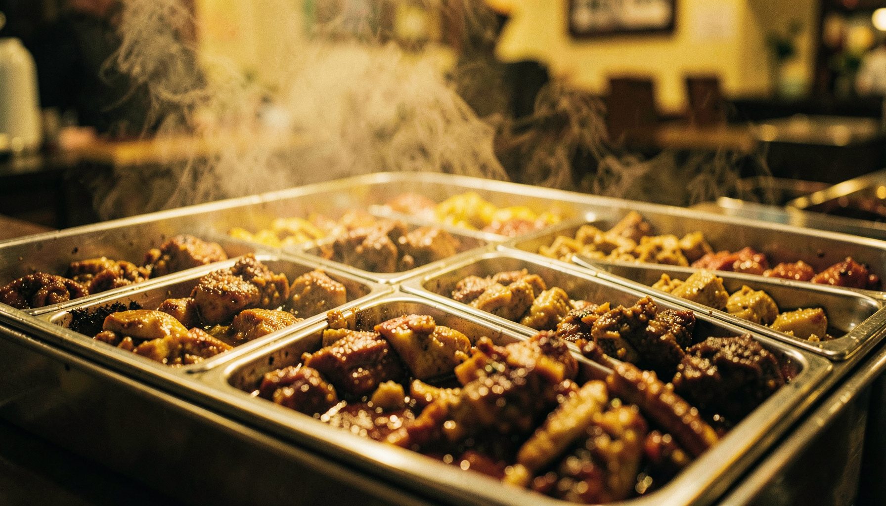 Steaming hot prepared foods in metal serving trays, rich browns and golds, warm inviting atmosphere