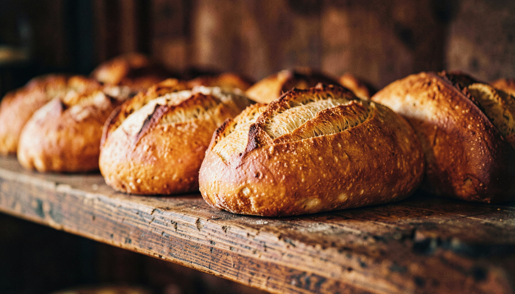 Golden-brown artisan bread loaves on a rustic wooden shelf, warm amber and wheat tones, shallow depth of field