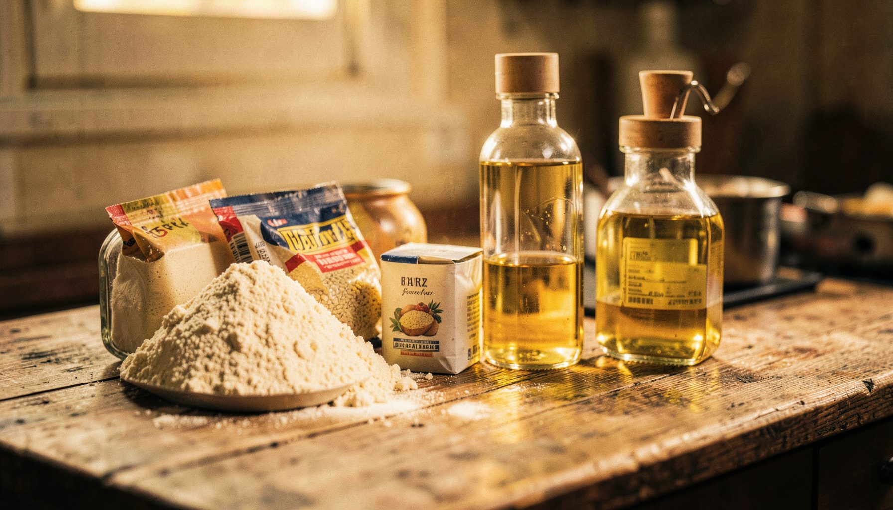 Flour, yeast packets, and cooking oils arranged on a rustic wooden countertop